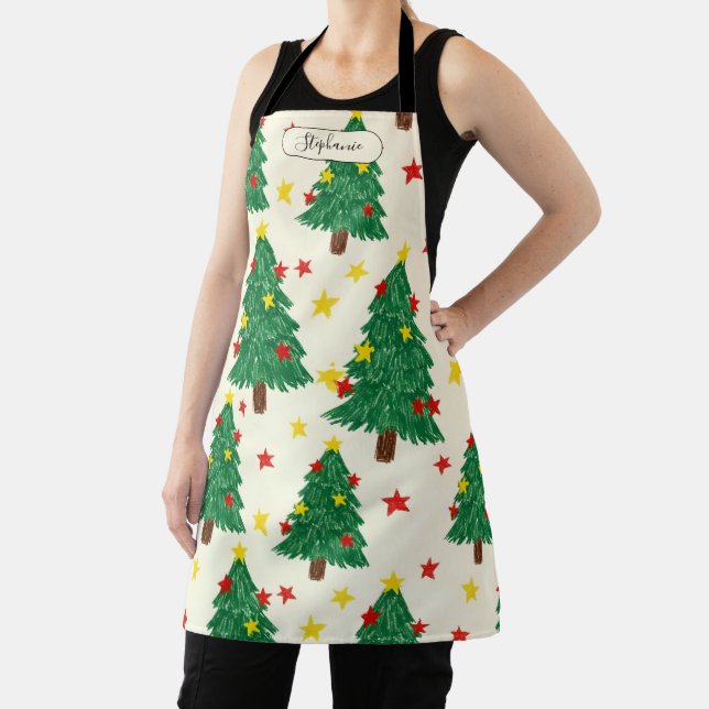 Delantal Whimsical Hand Drawn Christmas Tree Pattern Person (in situ)