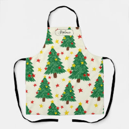 Delantal Whimsical Hand Drawn Christmas Tree Pattern Person