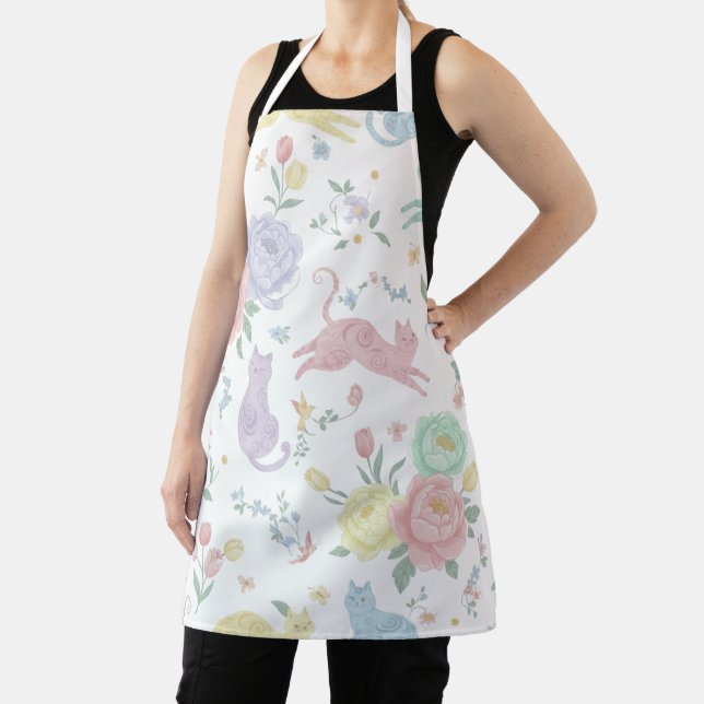 Delantal Whimsical Pastel Cats and Peonies Floral Apron (in situ)
