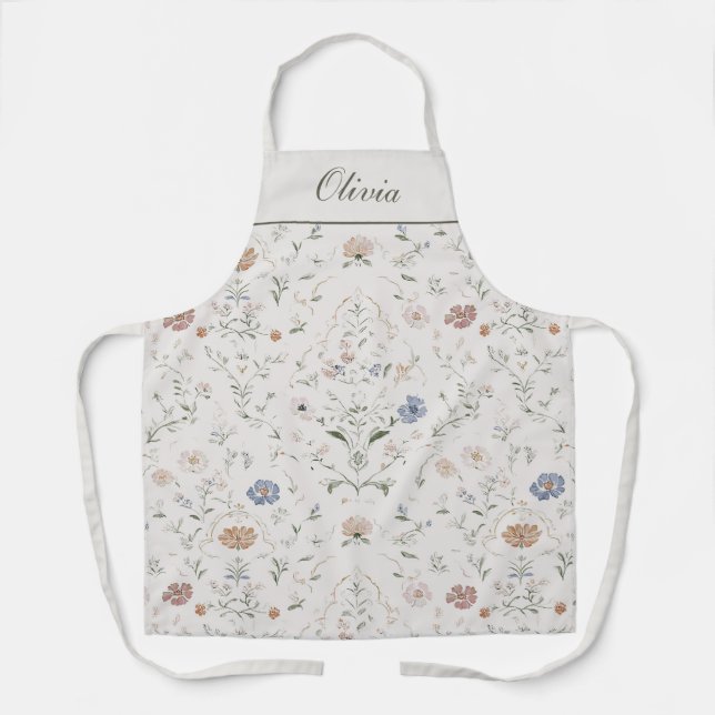Delantal Whimsical Pastel Watercolor Wildflower Custom Name (Anverso)