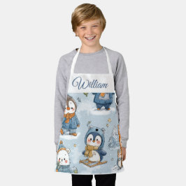 Delantal Whimsical Skating Penguins Kids Apron | Custom Nam