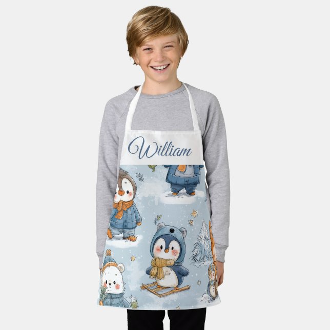 Delantal Whimsical Skating Penguins Kids Apron | Custom Nam (Gastado)