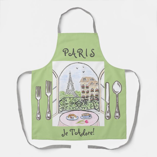 Delantal Whimsical Watercolor Paris Eiffel Tower Cutlery (Anverso)