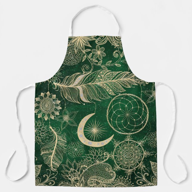 Delantal Whimsy Gold y Green Dreamcatcher Feathers Mandala (Anverso)