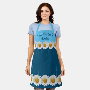 Delantal White Daisies Name Floral Blue