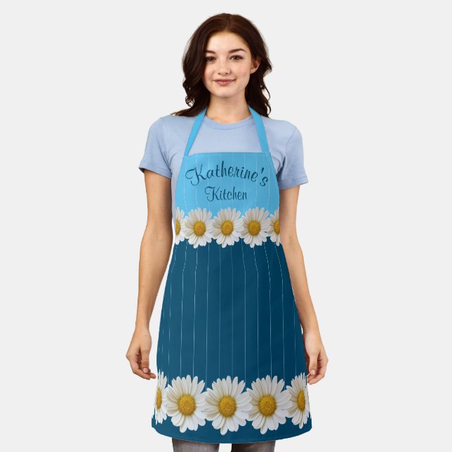 Delantal White Daisies Name Floral Blue (Gastado)