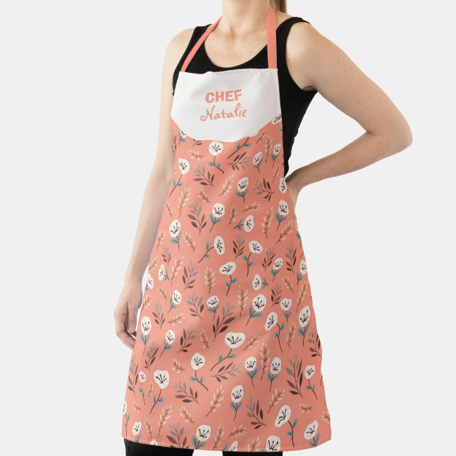 Delantal White Poppies Custom Name Apron (in situ)