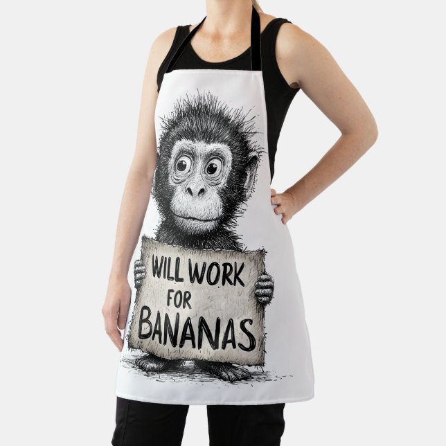 Delantal Will Work for Bananas - Humorous Monkey Sketch (in situ)