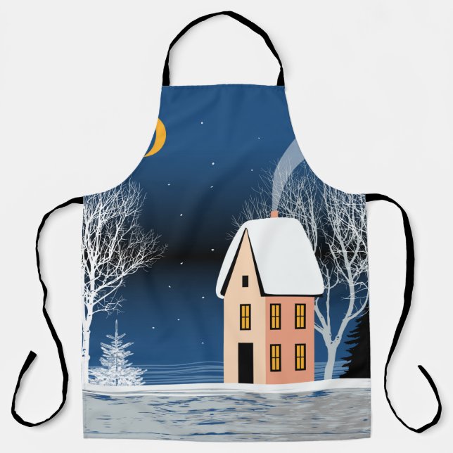 Delantal Winter night landscape. Cozy house, various trees, (Anverso)
