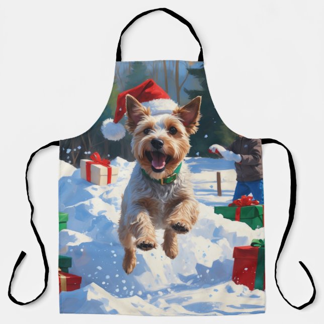 Delantal Wire Fox Terrier corriendo en la nieve con sombrer (Anverso)