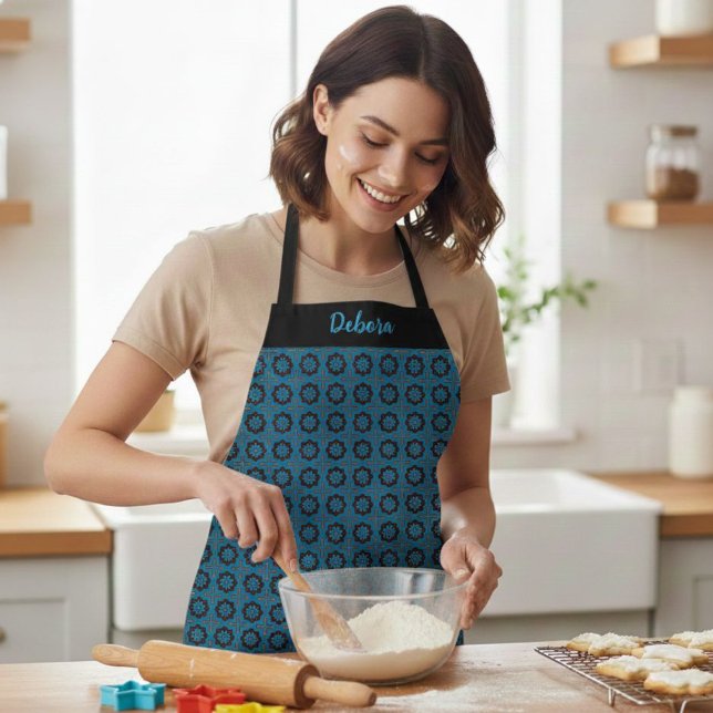 Delantal Women's Custom Name Blue Geometric Pattern Apron (Subido por el creador)