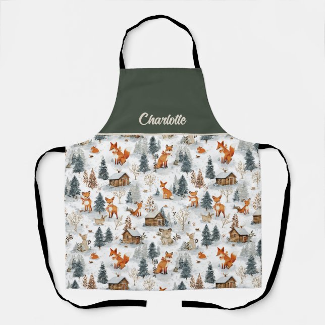 Delantal Woodland Animals and Rustic Cabins in the Snow (Anverso)