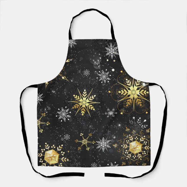 Delantal Xmas copos de nieve dorados sobre fondo negro (Anverso)