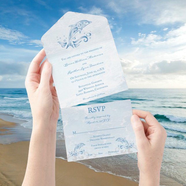 Delfín azul todo en una invitación de matrimonio (Blue Dolphin All in One Wedding Invite)