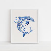 Delfín floral - Azul costero en arte de pared beig