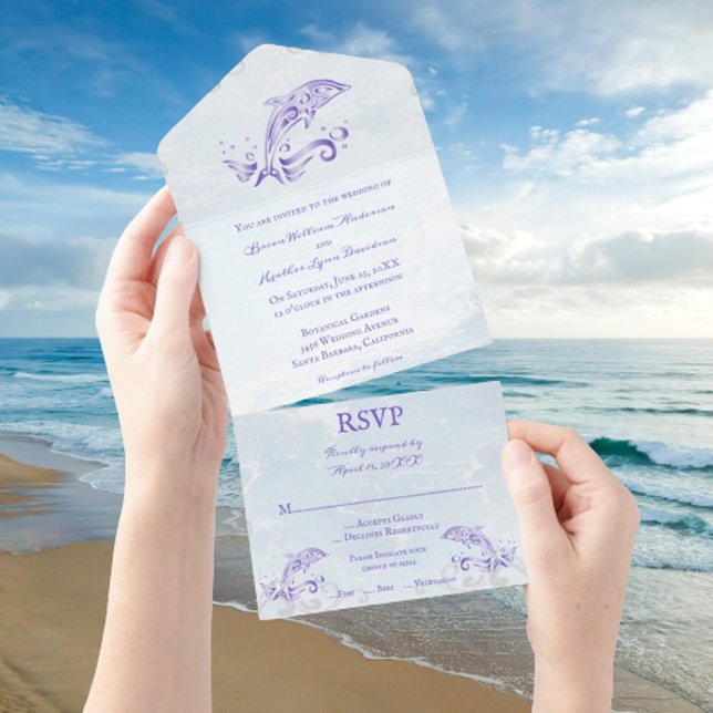 Delfín púrpura todo en una invitación de matrimoni (Purple Dolphin All in One Wedding Invite)