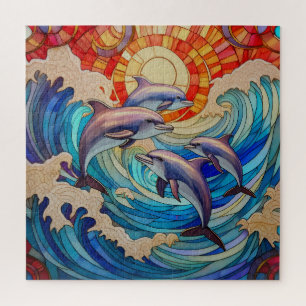 Delfines saltando en el rompecabezas de las olas