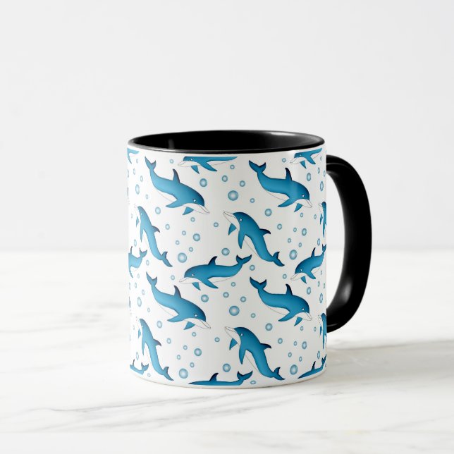 Delfines y burbujas en blanco. Taza (Anverso derecho)