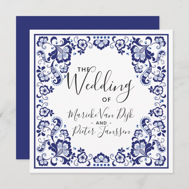Delfts Blauw | Invitación a la boda de tela azul D (Anverso / Reverso)