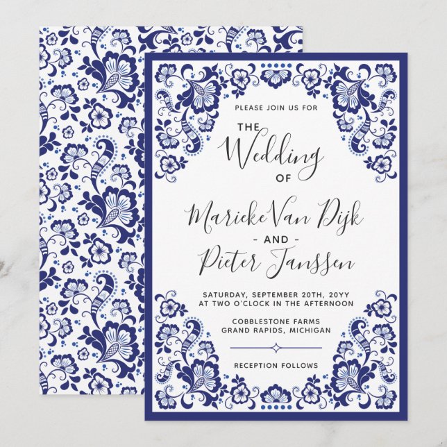 Delfts Blauw | Invitación a la boda holandesa azul (Anverso / Reverso)