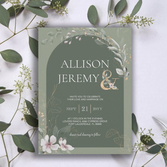 Delicada invitación a bodas botánicas de arcos ver (elegant arch botanical sage green photo wedding invitation)