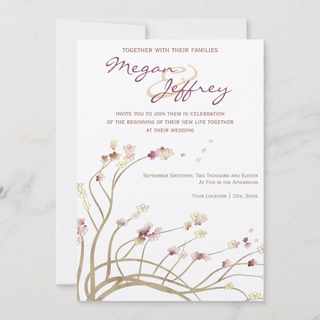 Delicada invitación a bodas con flores de cerezo (Anverso)