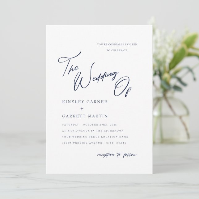 Delicada invitación a la boda azul de la Marina de (Anverso de pie)