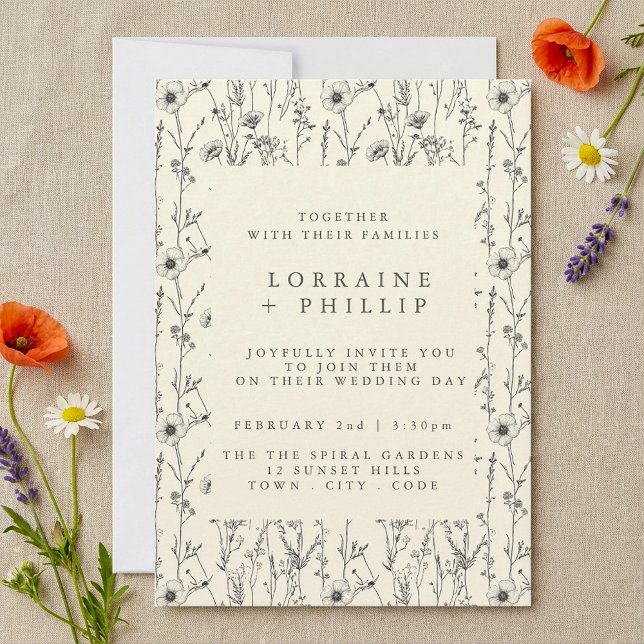 Delicada invitación a la boda con motivos de flore (Delicate wildflowers pattern wedding invitation.)