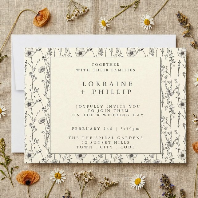 Delicada invitación a la boda con motivos de flore (Delicate wild flowers pattern wedding invitation.)