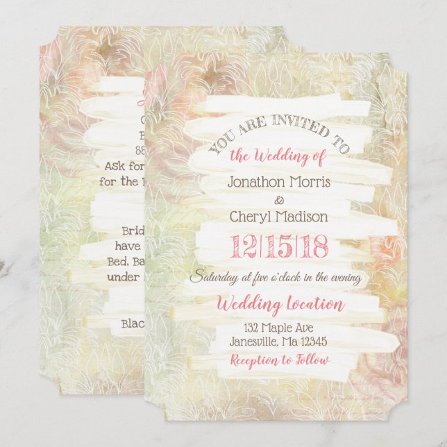 Delicada invitación a la boda floral rosa y beige (Anverso / Reverso)