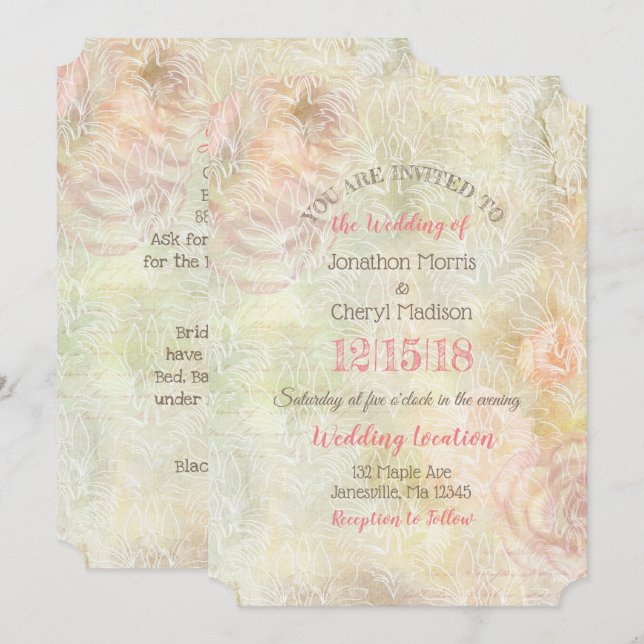 Delicada invitación a la boda floral rosa y beige (Anverso / Reverso)