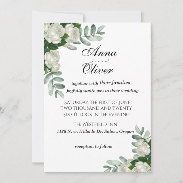 Delicada invitación a matrimonio de rosas blancas (Anverso)