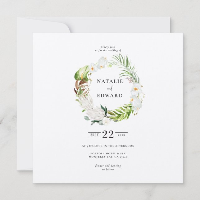 Delicada invitación de boda floral tropical floral (Anverso)