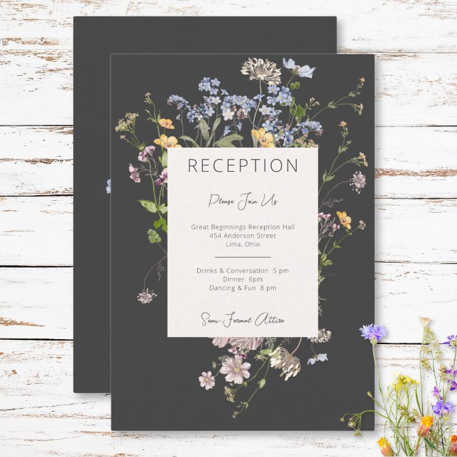 Delicada recepción de carbón vegetal Boho Wildflow (Delicate Boho Wildflowers Charcoal Reception Enclosure Card)