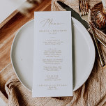 Delicada tarjeta de menú impresa o impresa en oro<br><div class="desc">Esta delicada tarjeta de menú impresa en oro o imprimible es perfecta para un boda moderno. El romántico diseño minimalista presenta una encantadora y elegante tipografía de champán amarillo dorado sobre un fondo blanco con un aspecto limpio y sencillo. Este menú se puede utilizar para la recepción de bodas, la...</div>