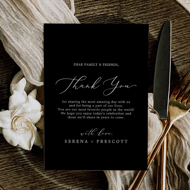 Delicada tarjeta de recepción de color negro oscur (Delicate Dark Black Thank You Reception Card)