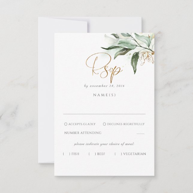 Delicada vegetación y hojas de oro RSVP (Anverso)