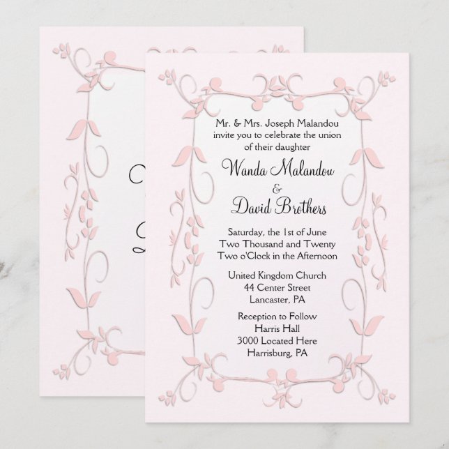 Delicadas invitaciones de boda rosada (Anverso / Reverso)