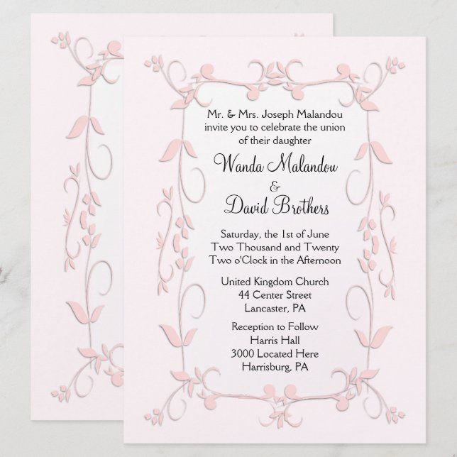 Delicadas invitaciones de boda rosada (Anverso / Reverso)