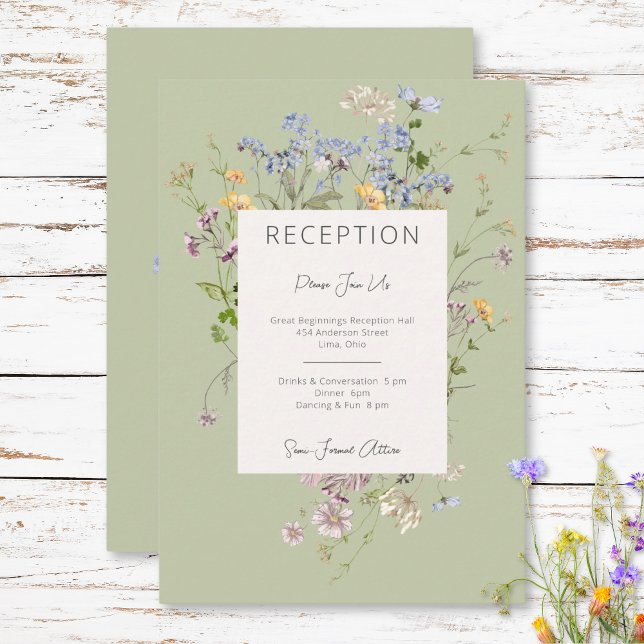 Delicado Boda de recepción Boho Wildflowers Green (Delicate Boho Wildflowers Green Reception Wedding Enclosure Card)