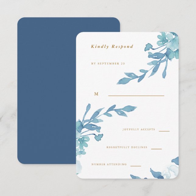 Delicado Boda Floral Azul y Foliage Rsvp (Anverso / Reverso)