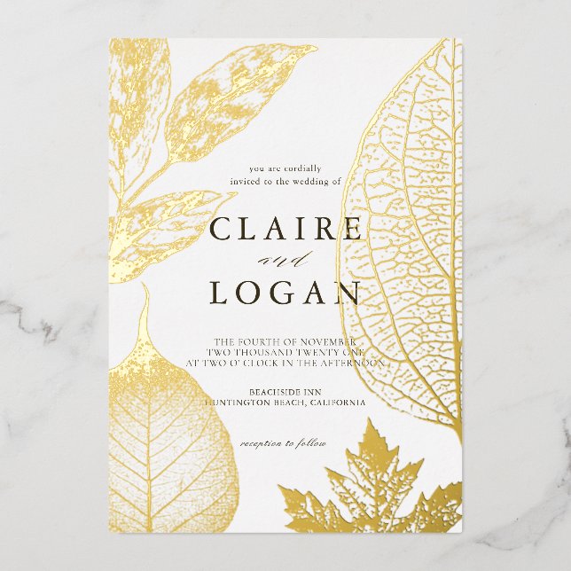 Delicado dorado deja invitación al Relieve metaliz (Anverso)