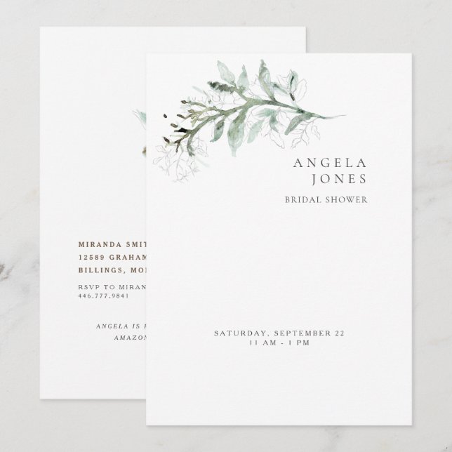 Delicado Foliage White Bridal Shower Invitación (Anverso / Reverso)