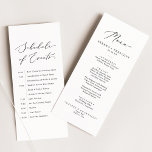 Delicado menú Boda negro y programación de eventos<br><div class="desc">Este delicado menú de boda negro y carta de horarios de eventos es perfecto para un boda moderno. El romántico diseño minimalista presenta una bonita y elegante tipografía negra sobre un fondo blanco con un aspecto limpio y sencillo. Este menú de doble cara y la tarjeta de eventos se pueden...</div>