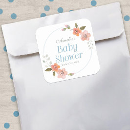 Delicado Pegatina Floral Blue Baby Shower Square