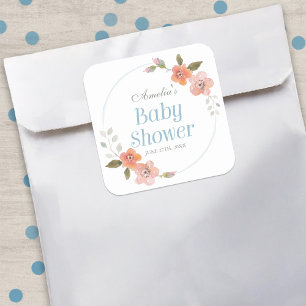 Delicado Pegatina Floral Blue Baby Shower Square