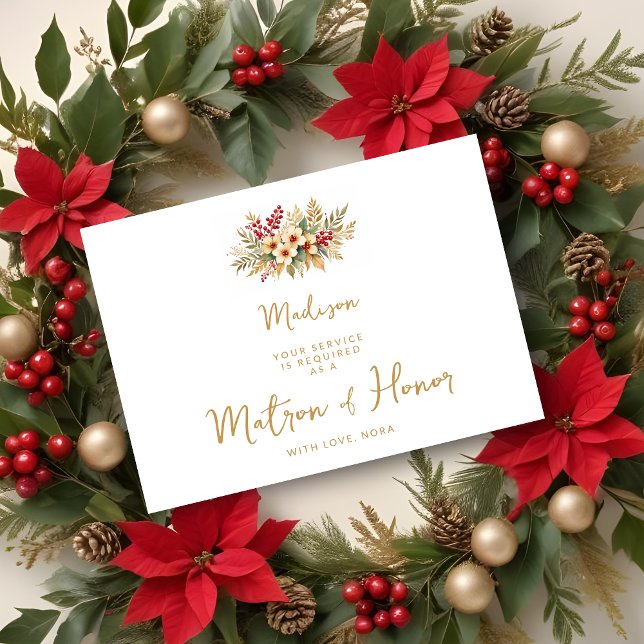 Delicados Navidades de Glam Floral Matron Honor Go (Delicate Glam Christmas Floral Bouquet in Faux Gold Matron of Honor Wedding Proposals Cards.)