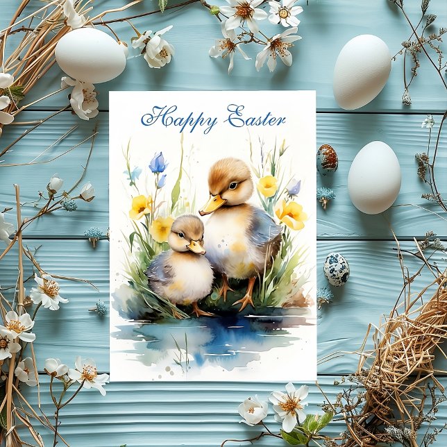 Delicia de patitos: Tarjeta de vacaciones de edici (happy easter, duckling, easter postcard, easter, blue, animals, cute easter, flowers, duck, )