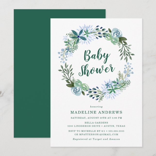 Delicioso Floral | Invitación verde a Baby Shower (Anverso / Reverso)