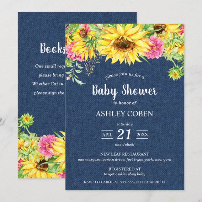Denim Baby Shower Invitación con girasoles (Anverso / Reverso)
